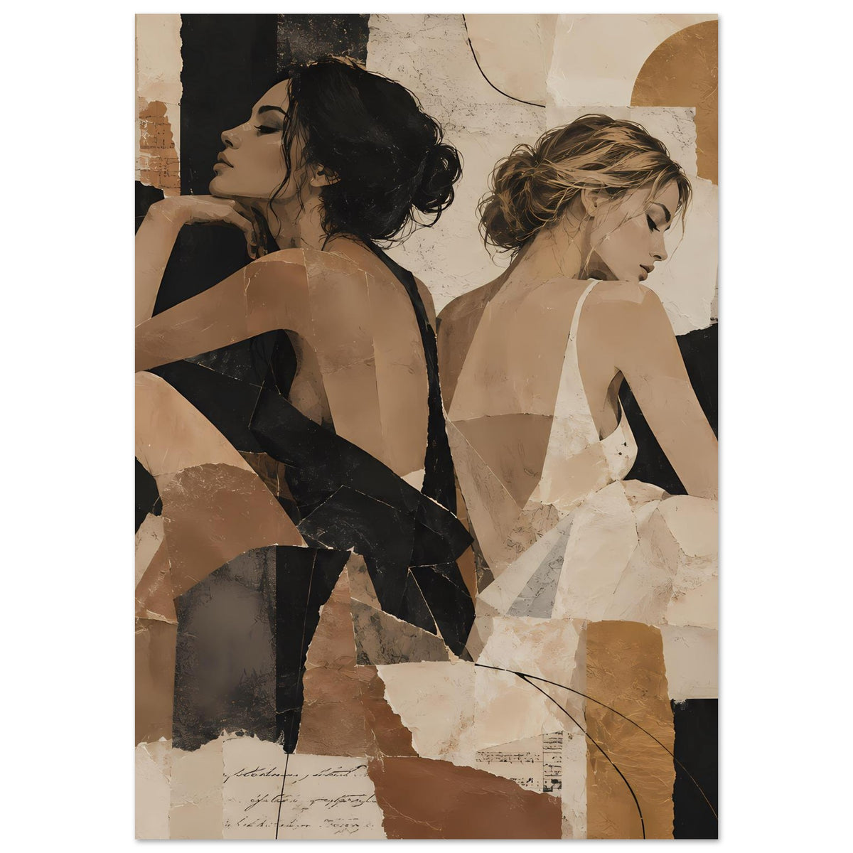 Collage-Poster: zwei Frauen in warmen Erdtönen, dunkles und helles Braun, geometrische Formen