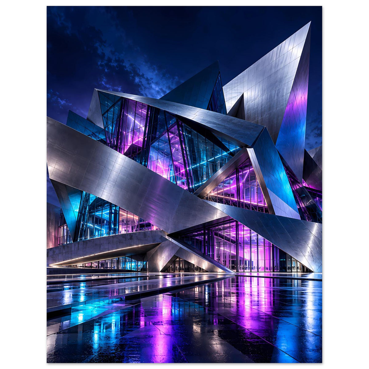 Futuristisches Architekturplakat mit schrägen Stahlbögen und reflektierender Nacht-Lichtstimmung