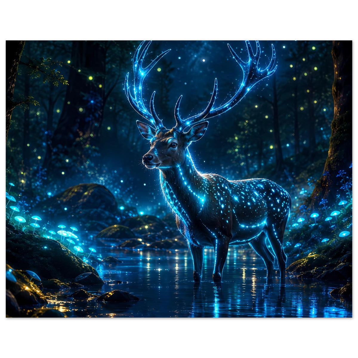 Poster mit leuchtendem Hirsch, blau glühende Muster am Fell, Ganzkörper zentriert