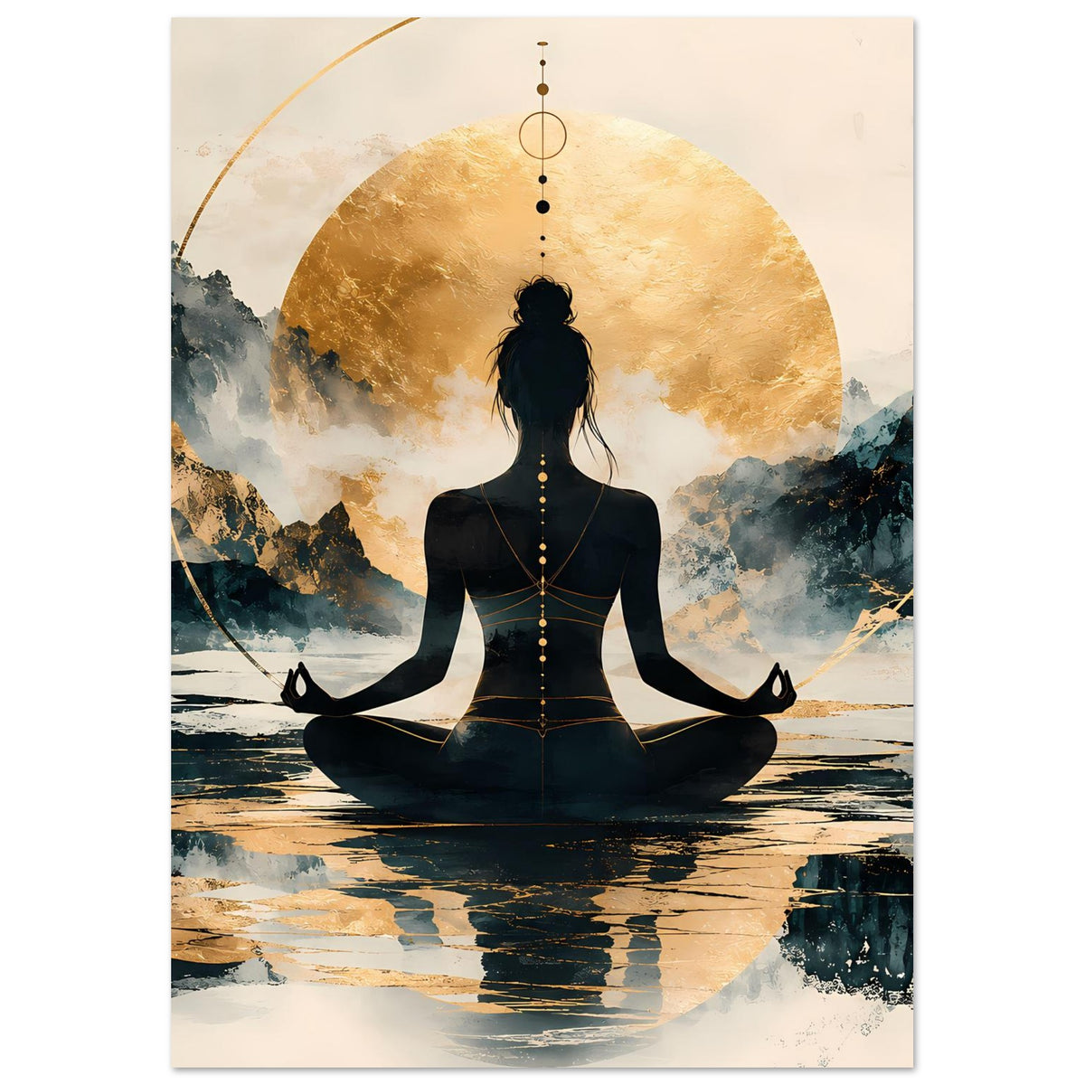 Meditatives Poster im Hochformat mit goldener Scheibe und Meditationsfigur im Zentrum
