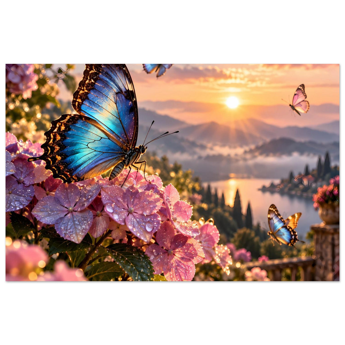 Querformat-Poster mit blauen Schmetterlingen auf rosa Blüten im warmen Abendlicht