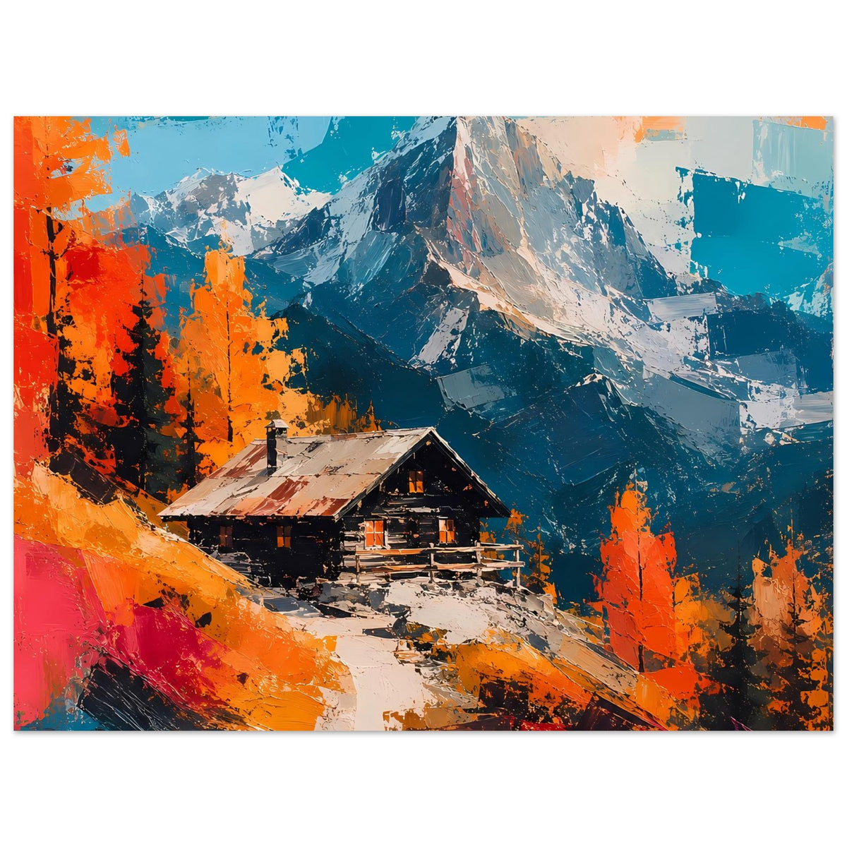 Herbstliches Berg-Poster mit Hütte, markanten Pinselstrichen und kräftigen Blau-Orange-Tönen, quer