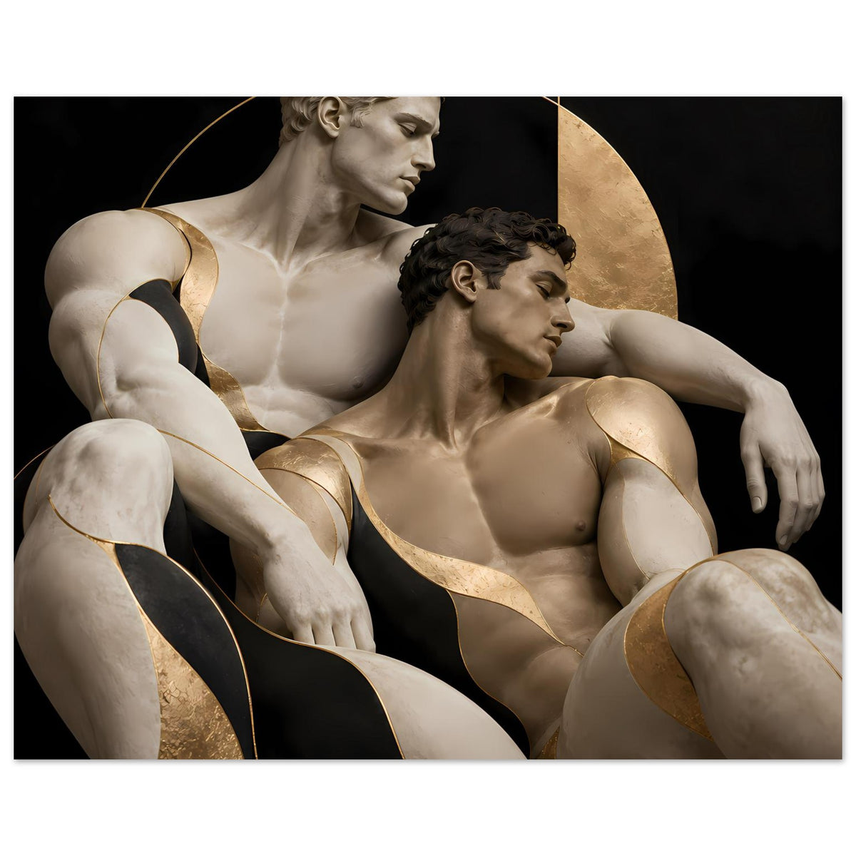Sculptural-Poster mit drei nackten Figuren in Schwarz und Gold, gewölbte Goldlinien