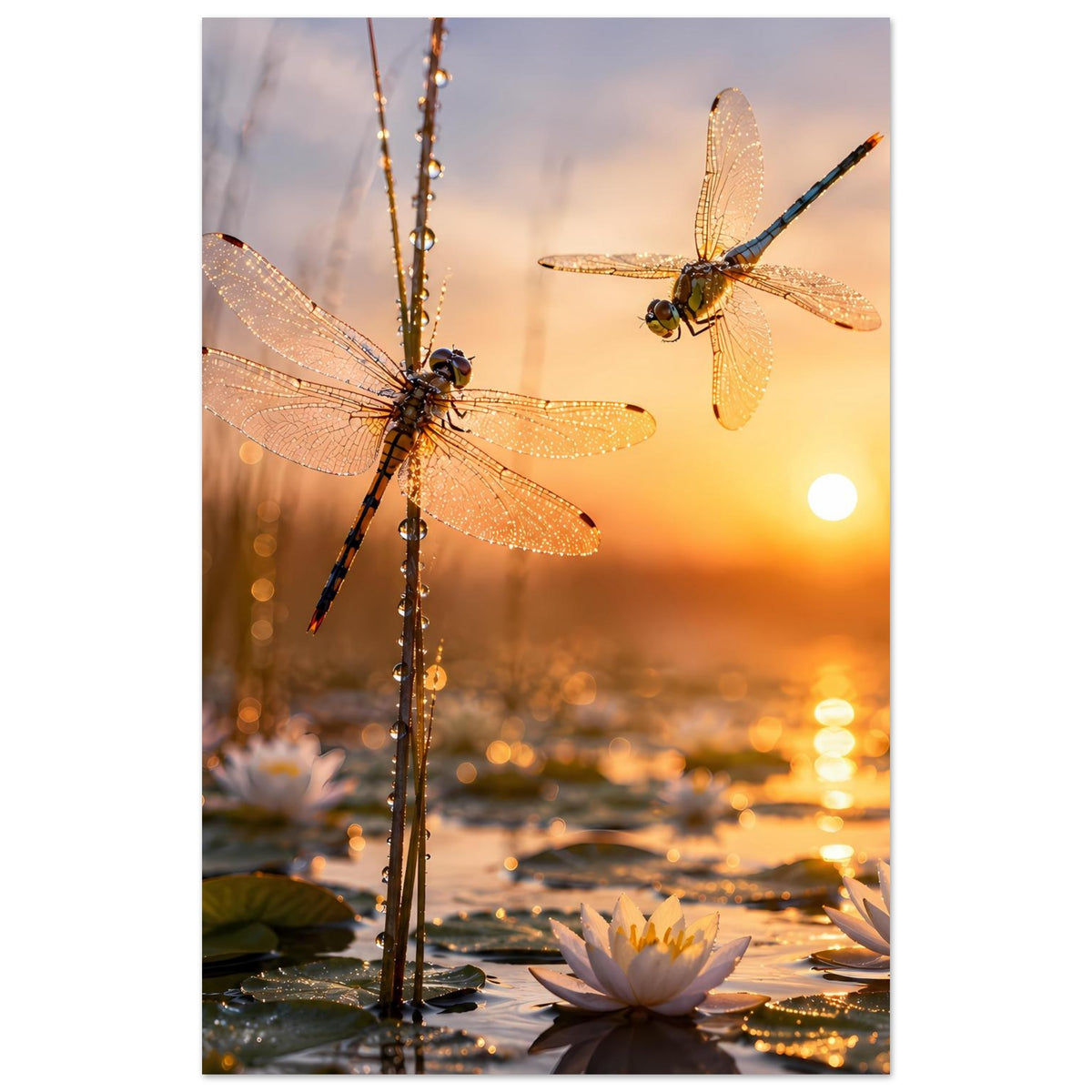 Hochformat-Poster: zwei Libellen über Seerosen im Sonnenuntergang