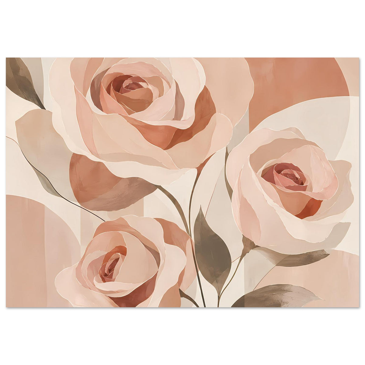 Horizontales Florales Poster mit Rosenblüten in Rosa/Pfirsich, dunklen Blättern und Stielen