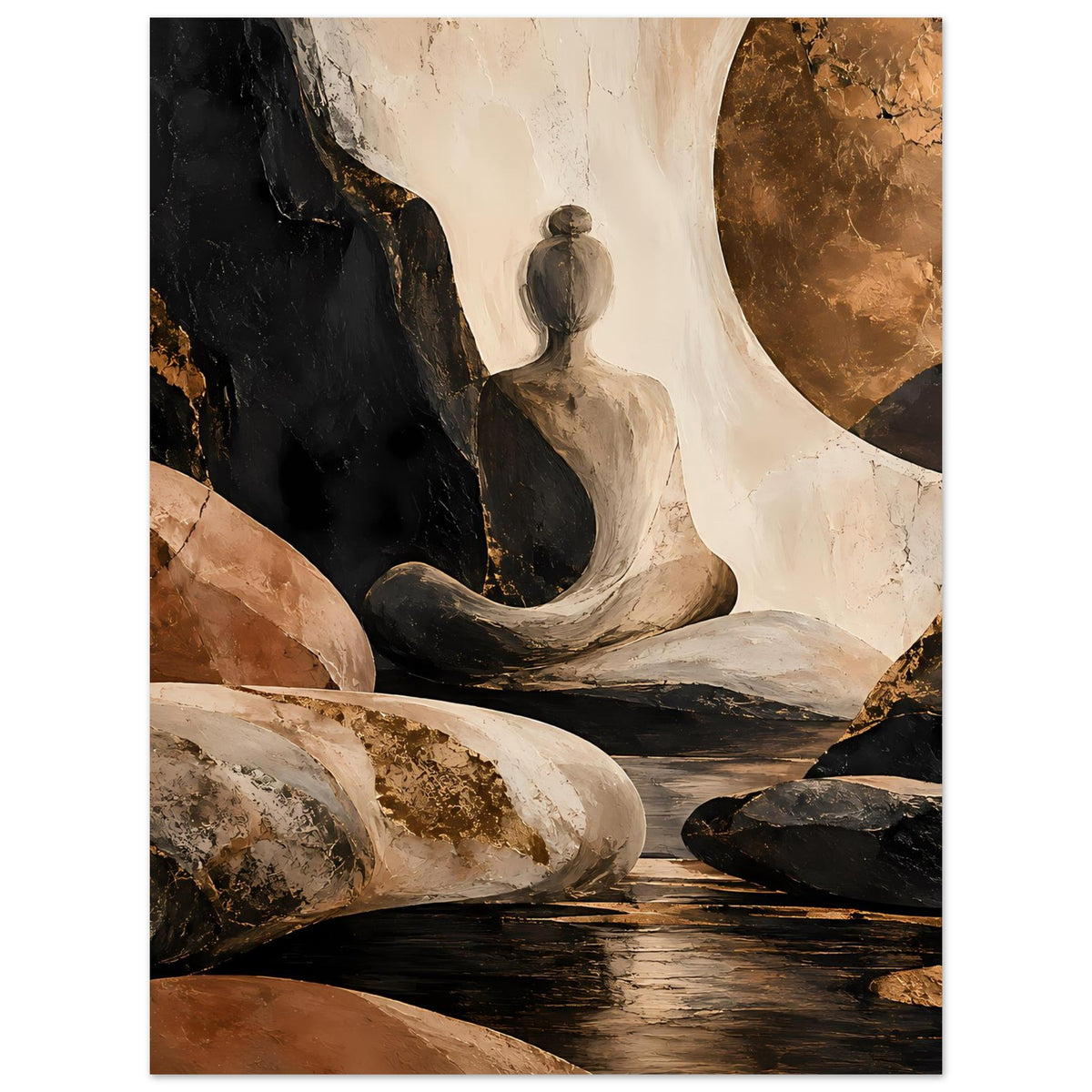 Abstraktes Poster (Hochformat) mit sitzender Figur, helle Kurve im Hintergrund und brauner Felswand