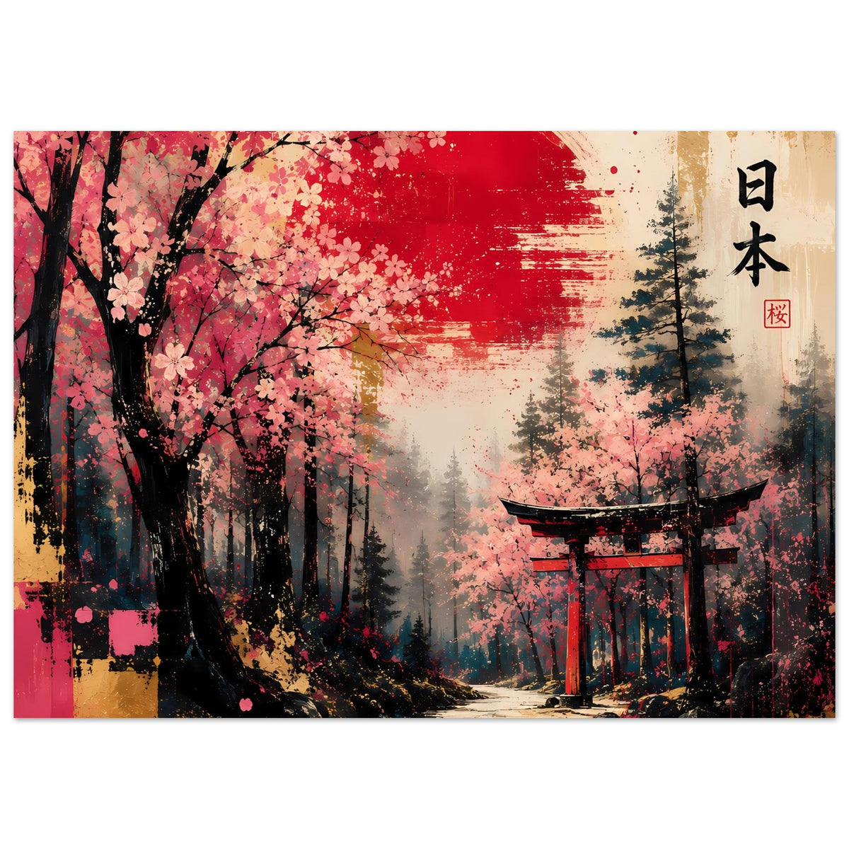 Poster mit Kirschbaum links und Torii rechts, abstrakter roter Halbmond über Nebelwald