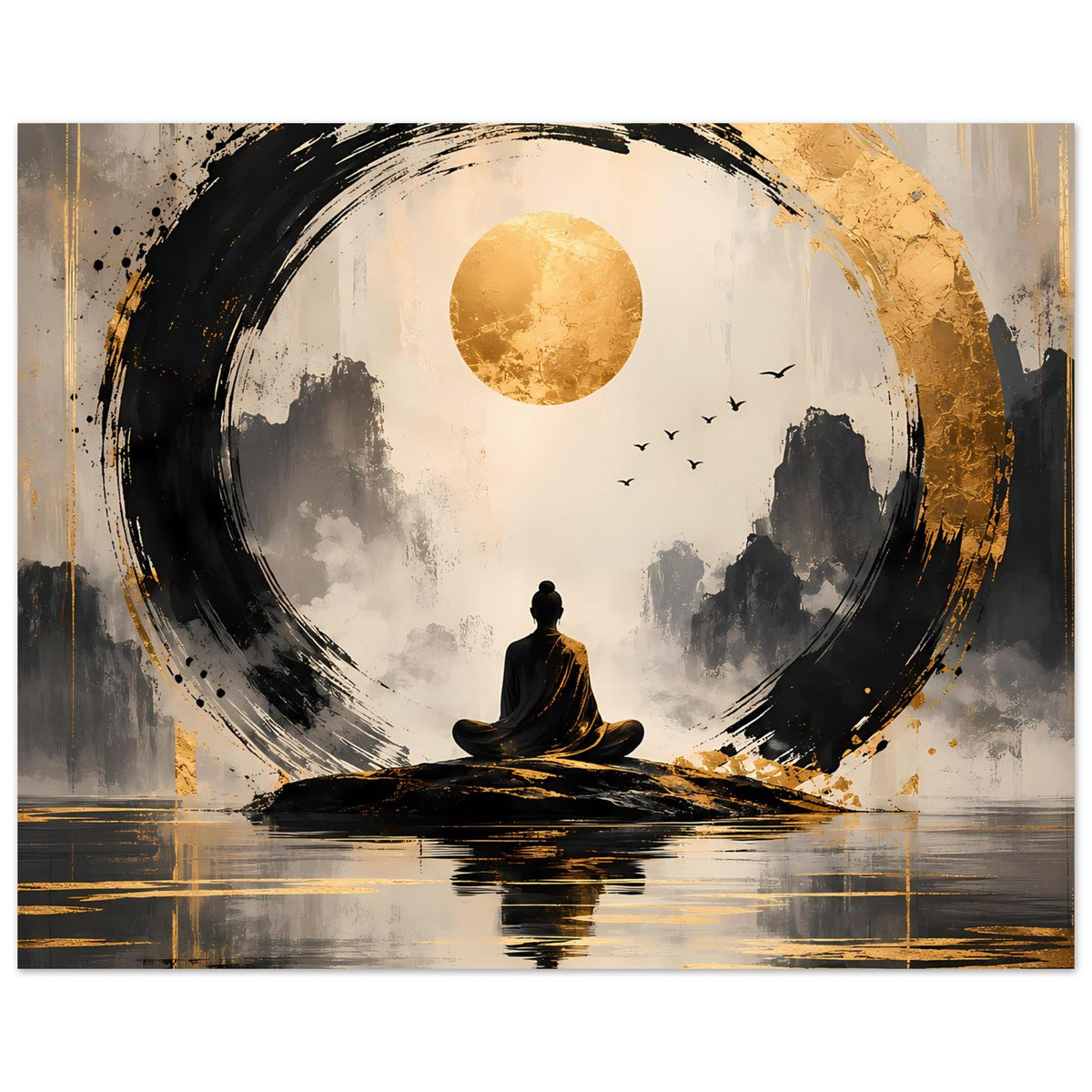 Meditationsposter mit goldener Sonne, schwarzem Kreis, sitzender Figur und Spiegelung im Wasser