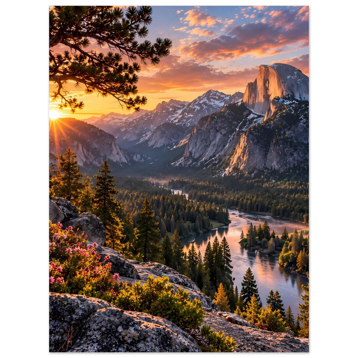 Poster im Hochformat mit Sonnenaufgang, Bergen, Tannenwald und Fluss, Fels und Blumen vorn