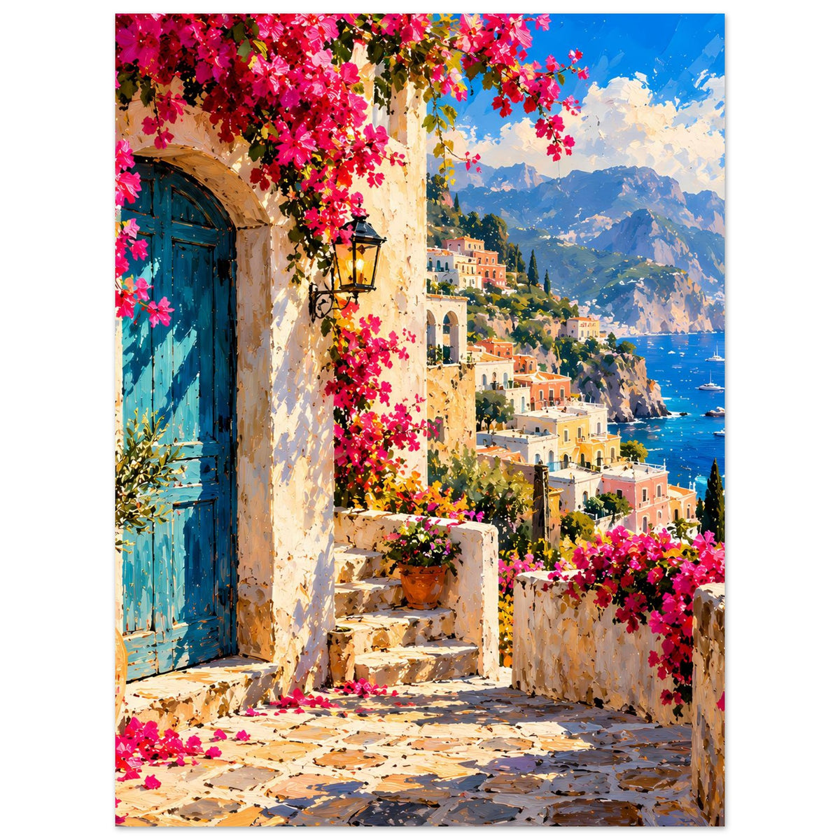 Poster mit blauer Türöffnung, Treppe, Bougainvillea und Blick auf das türkisblaues Meer