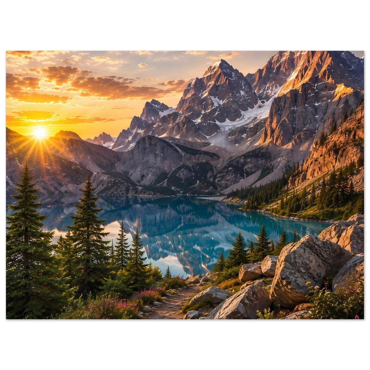 Majestätisches Berg-Sonnenaufgangs-Poster: Panorama mit See, Tannen und steilen Bergwänden