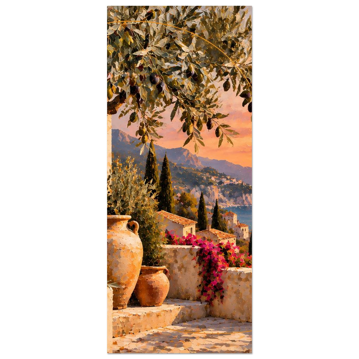 Kunstposter hochformat mit Olivenzweigen, Tongefäßen und Küstenlandschaft bei Sonnenuntergang