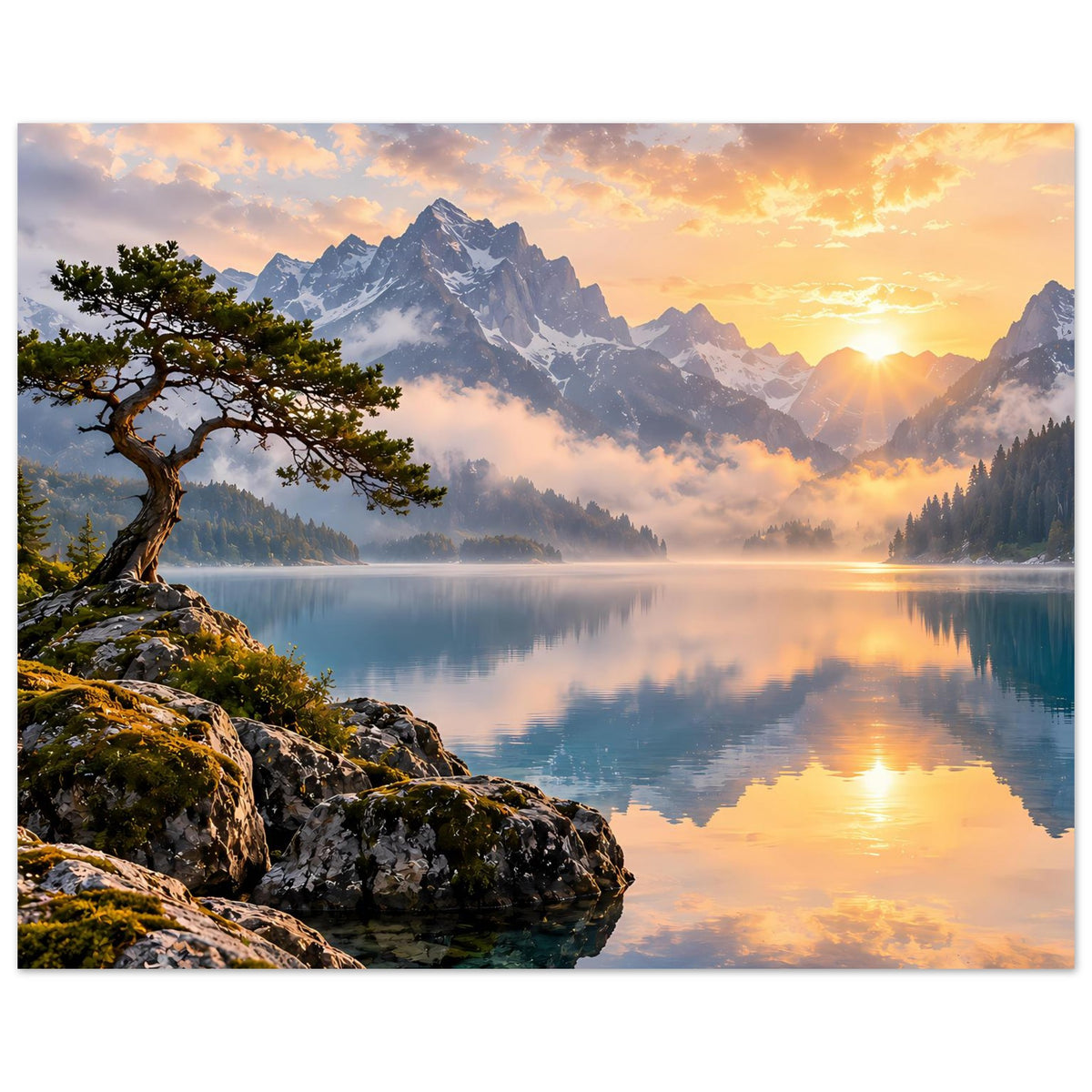 Poster mit Sonnenaufgang über Bergsee, Felsen und Baum links, Berge im Hintergrund