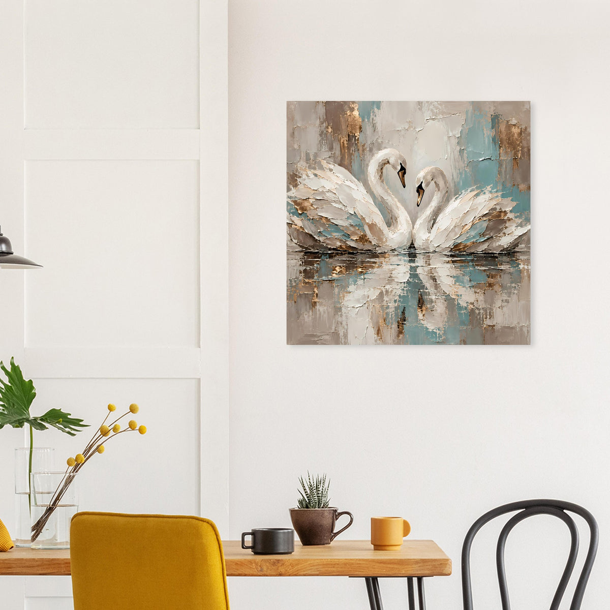 Kunstposter: zwei weiße Schwäne, blaue Pinselstriche und goldene Farbverläufe