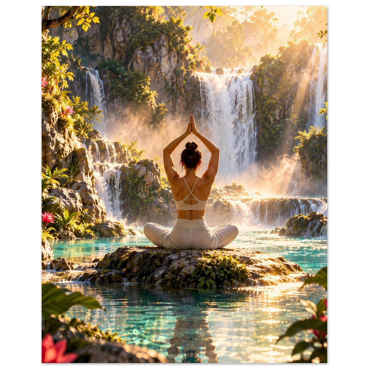 Yoga-Meditationsposter: Frau im Schneidersitz, erhobene Hände, Wasserfälle im Hintergrund.
