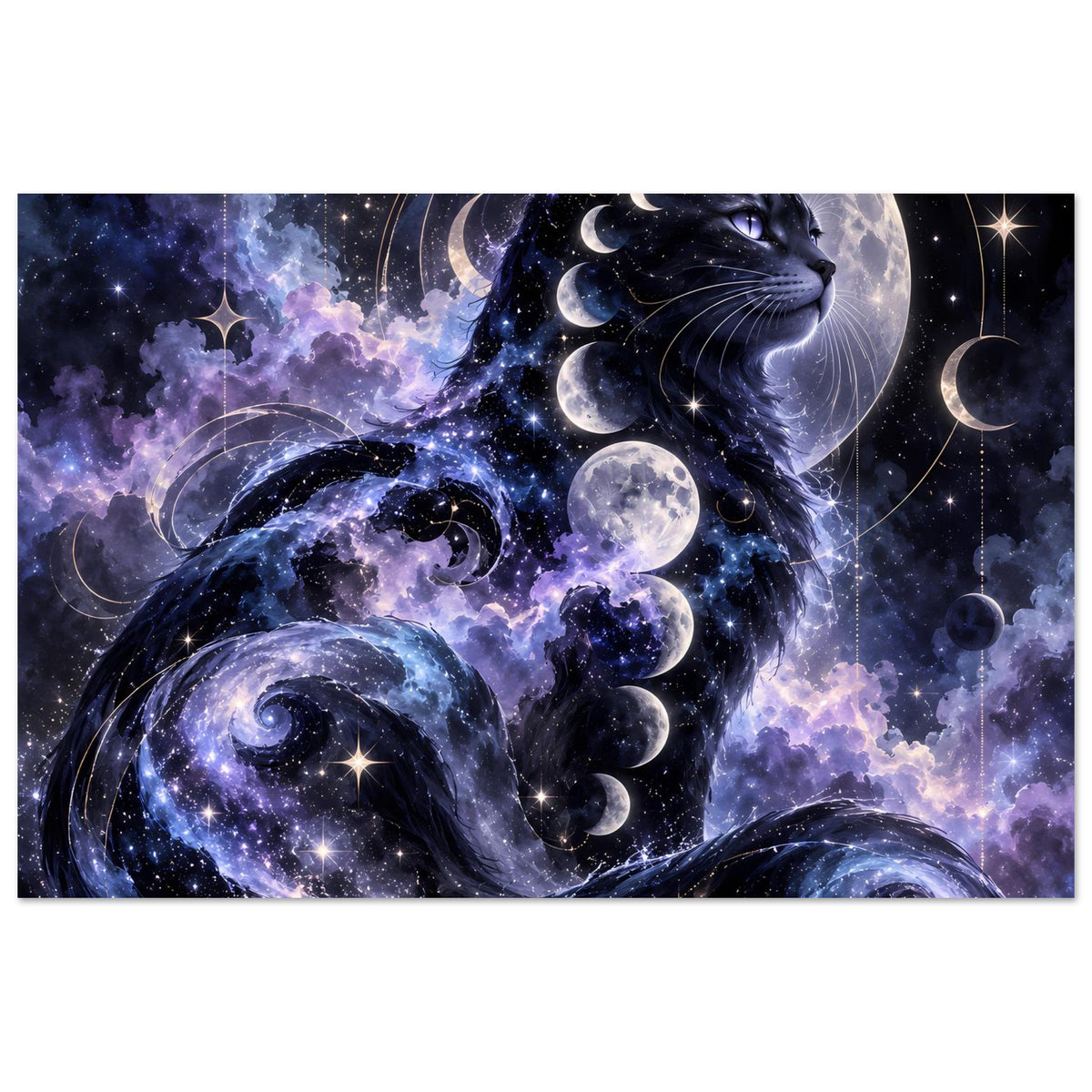 Horizontales Poster mit schwarzer Katze, Mondsicheln im Kreis und Galaxie im Motiv