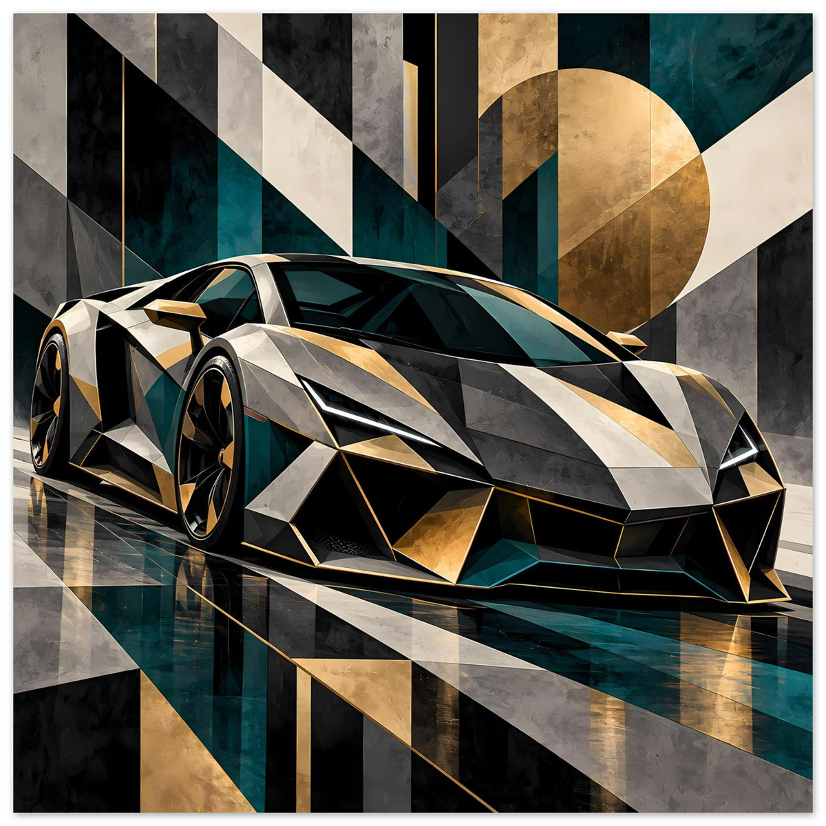 Autoposter mit Luxus-Sportwagen in silber-schwarz, goldene Dreiecke und petrolfarbene Linien