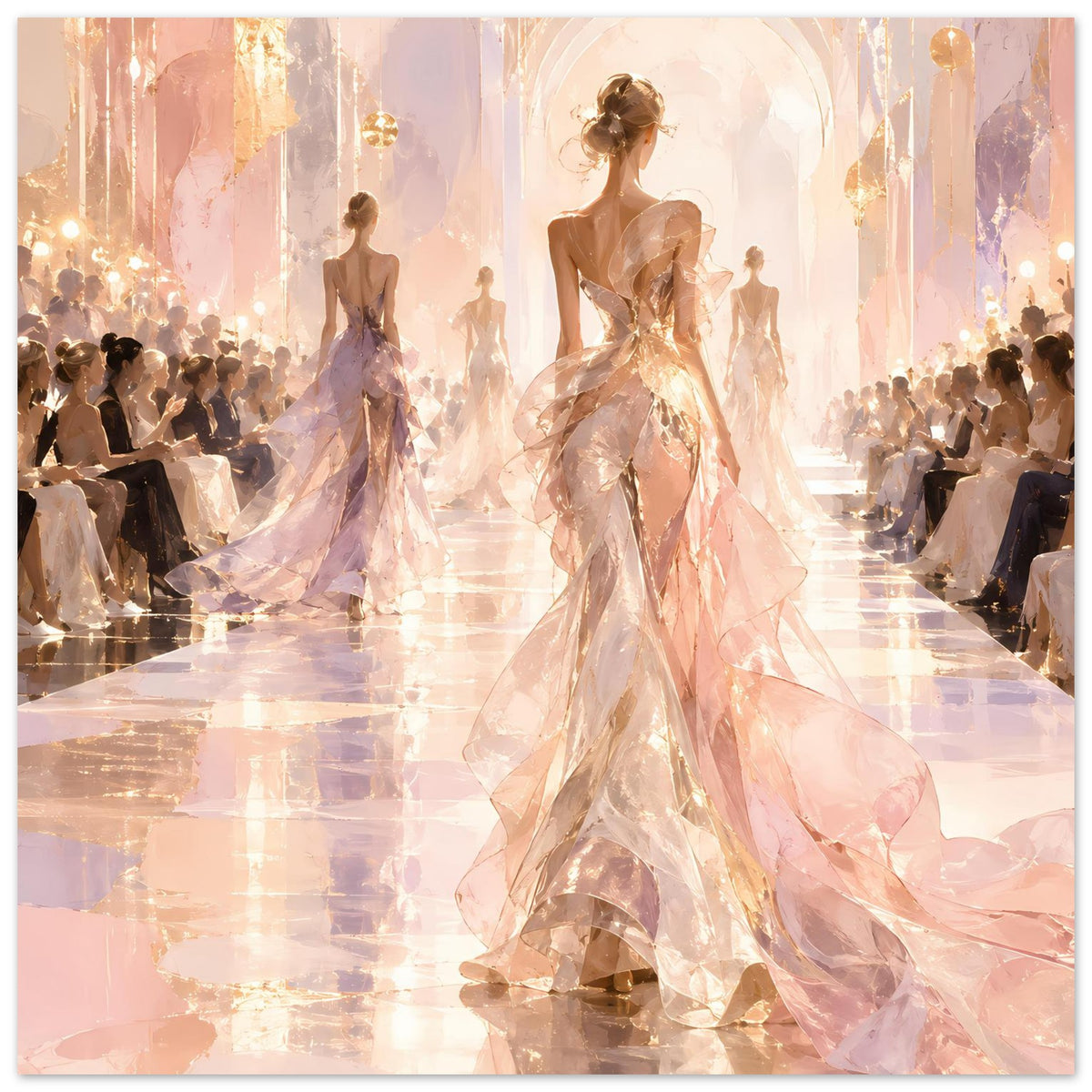 Mode-Runway-Poster mit weiblicher Designerfigur in beigem, glitzerndem Abendkleid im Saal