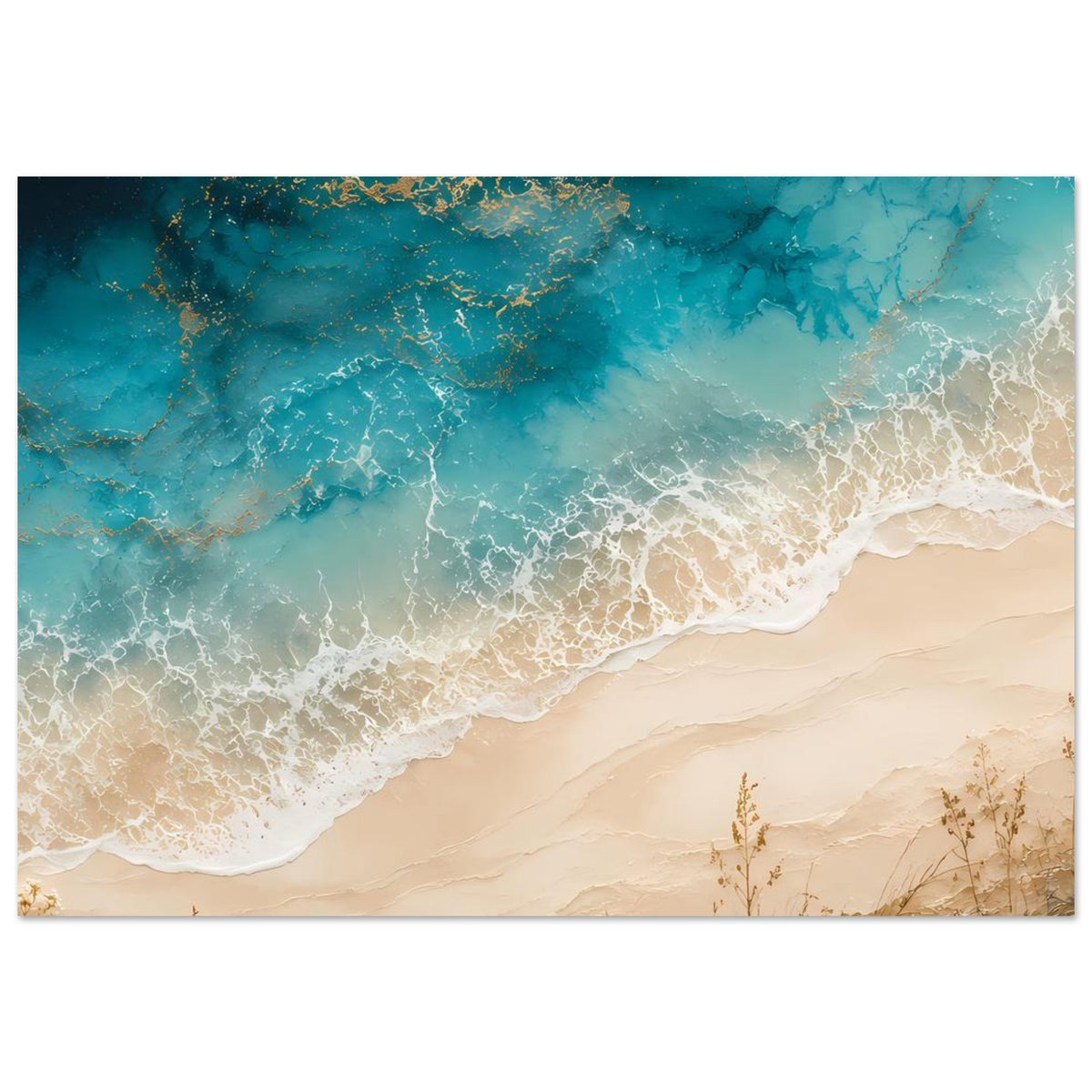 Strandposter (Querformat) mit türkisblauem Wasser, weißer Brandung und beigem Ufer