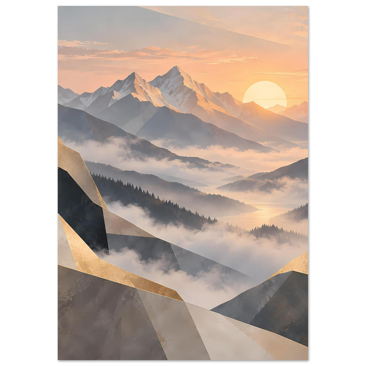 Poster im Hochformat mit Berglandschaft im Pastell, Sonnenaufgang und goldenen Akzenten
