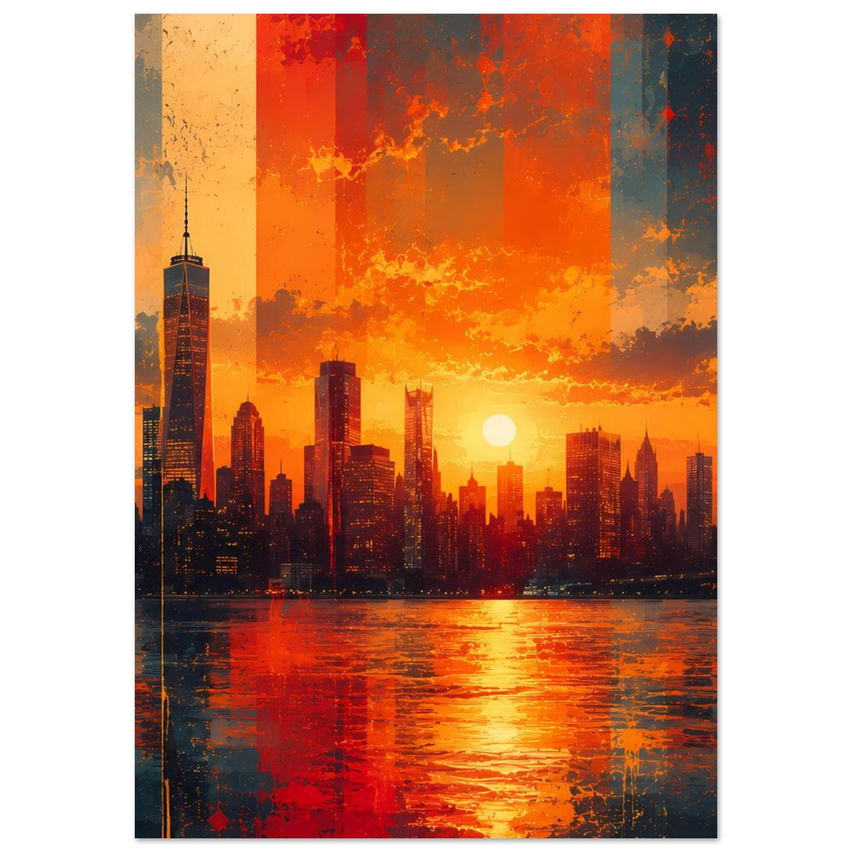 Wandposter im Hochformat mit Stadt-Skyline, orange-rotem Sonnenuntergang und Wasser-Spiegelung