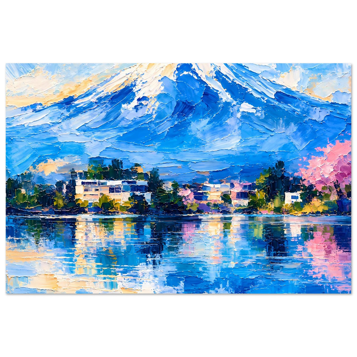 Kunstdruck Poster mit Alpenberg, spiegelndem See und farbigen Bäumen, horizontal