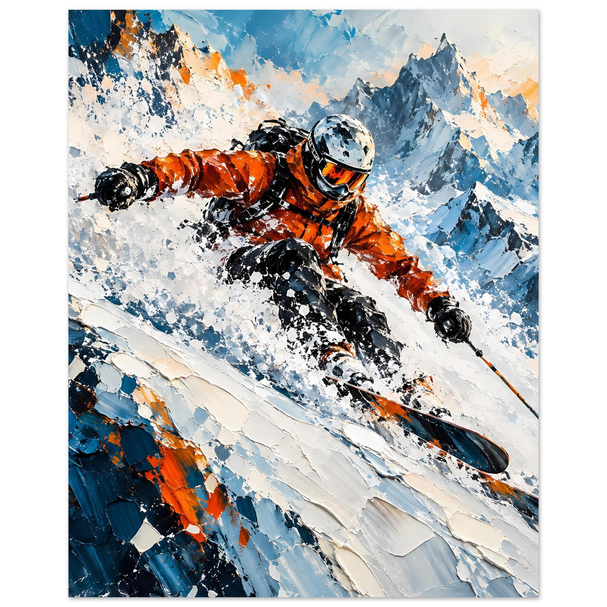 Wintersport-Poster mit Skifahrer in orange-schwarzer Kleidung, Helm und Ski auf Schnee.
