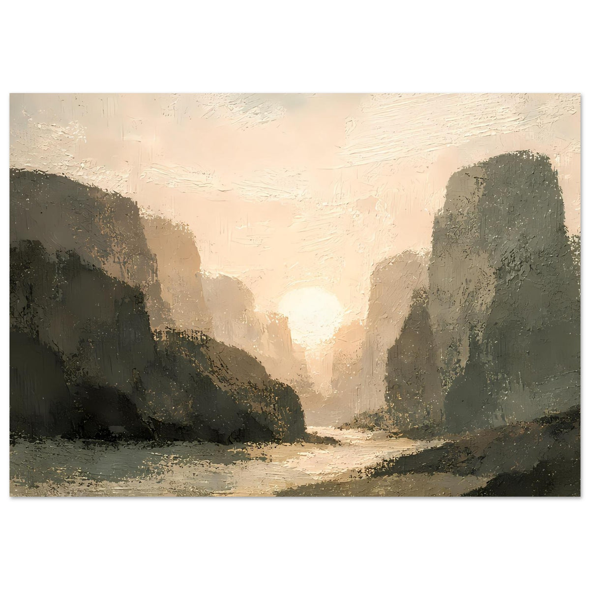 Vertikales Poster mit Canyon-Perspektive, helle Sonne und dunkle Felsformationen.