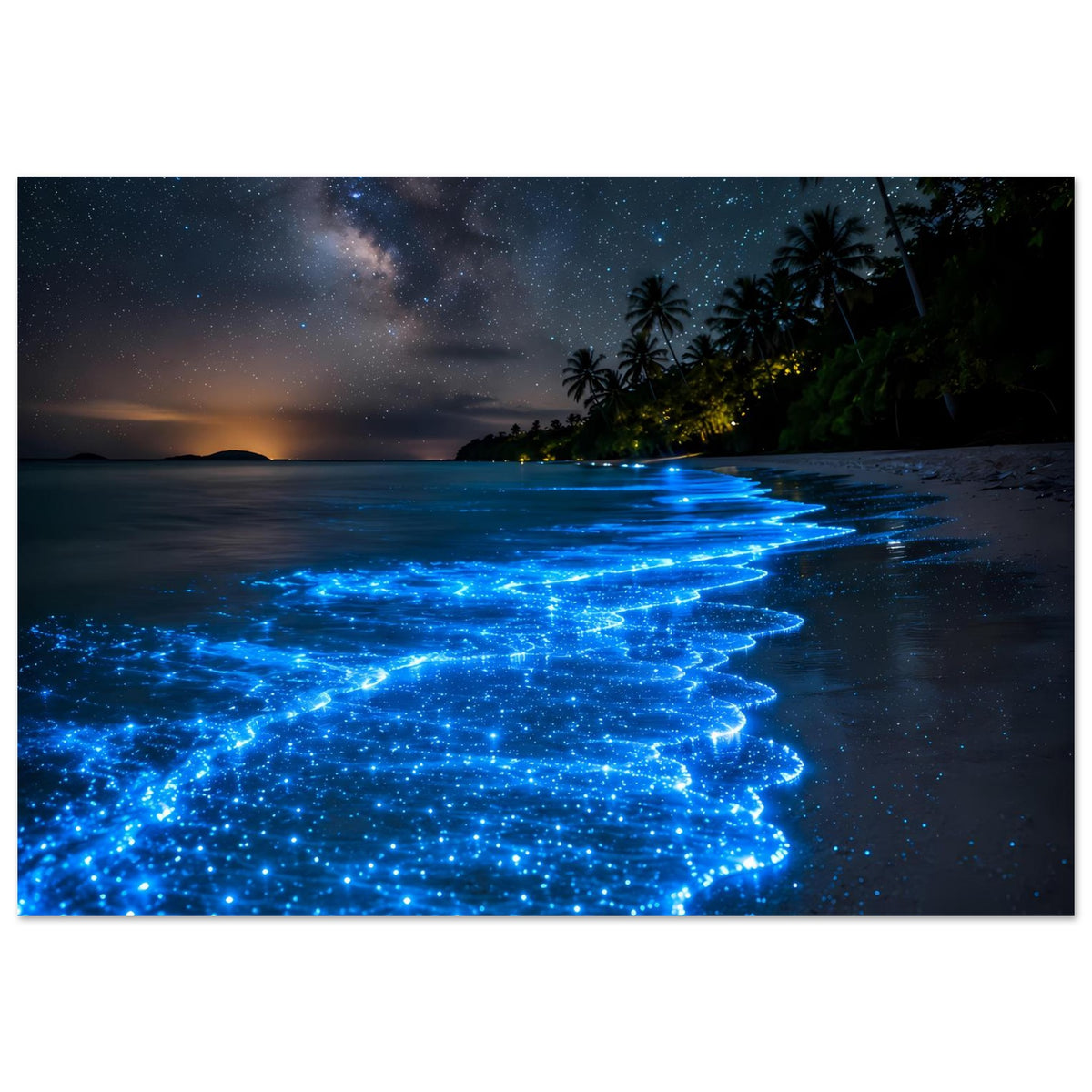 Meeresposter mit leuchtendem blauen Schimmer am Strand, Palmen und Sternenhimmel