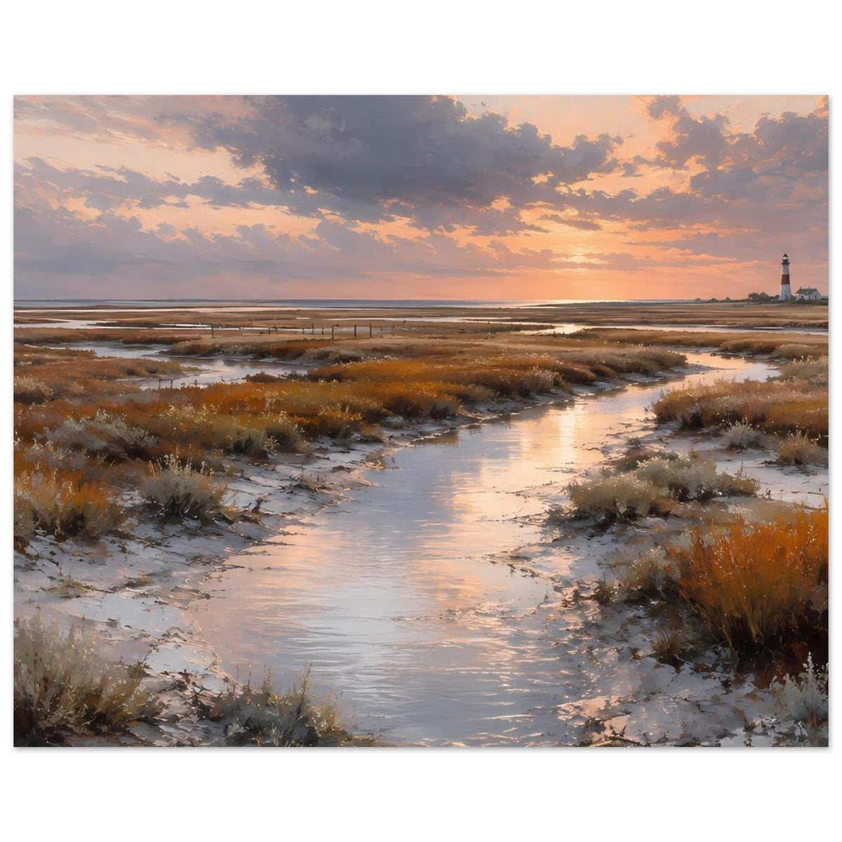 Querformat-Poster mit Dünen und Wasserlauf, Leuchtturm am Horizont bei Sonnenuntergang