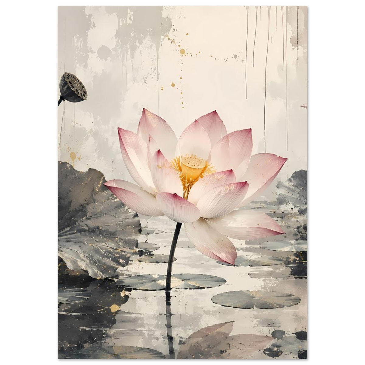 Poster mit zentraler Lotusblüte in zartem Rosa und Weiß auf grauem Seerosenteich