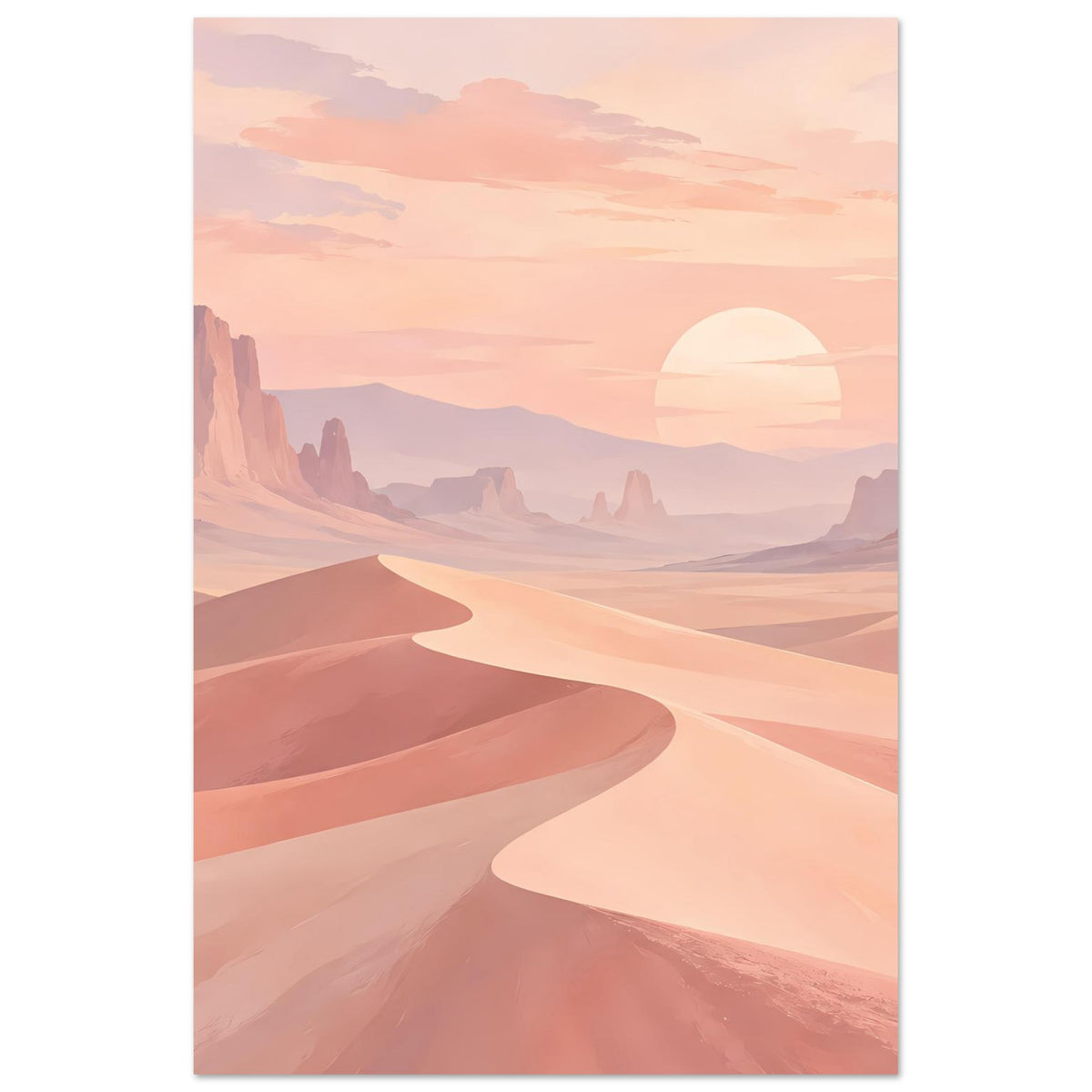 Poster mit Wüstenlandschaft, geschwungenen Sanddünen, großer Sonne und Bergsilhouetten