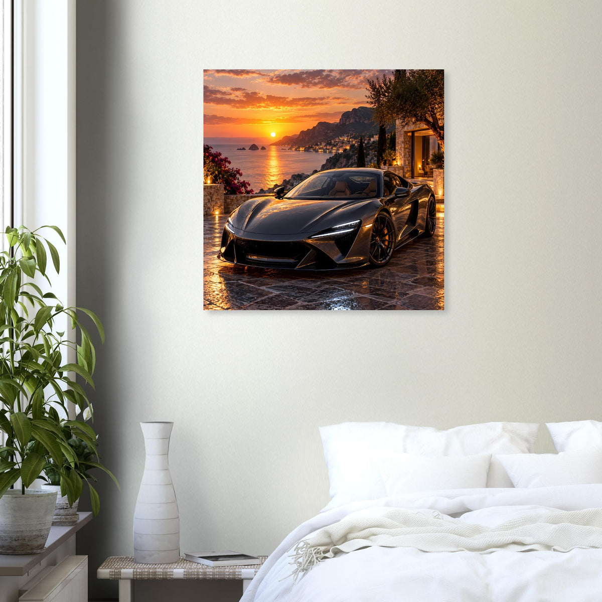 Poster mit Sportwagen am Meer im Sonnenuntergang, quadratisch