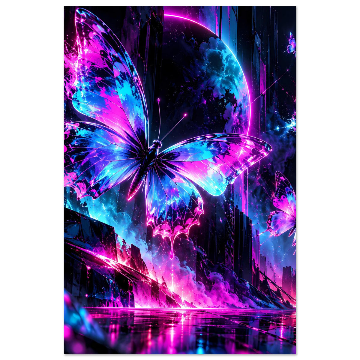 Neon-Schmetterlings-Poster im Hochformat: großer Falter, umgebende Neon-Schmetterlinge