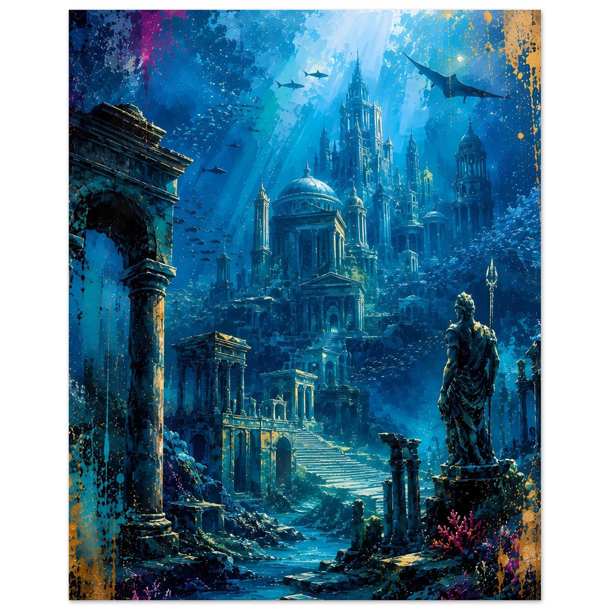 Poster mit Unterwasserstadt Atlantis, Säulen links, Kathedrale und Statue rechts