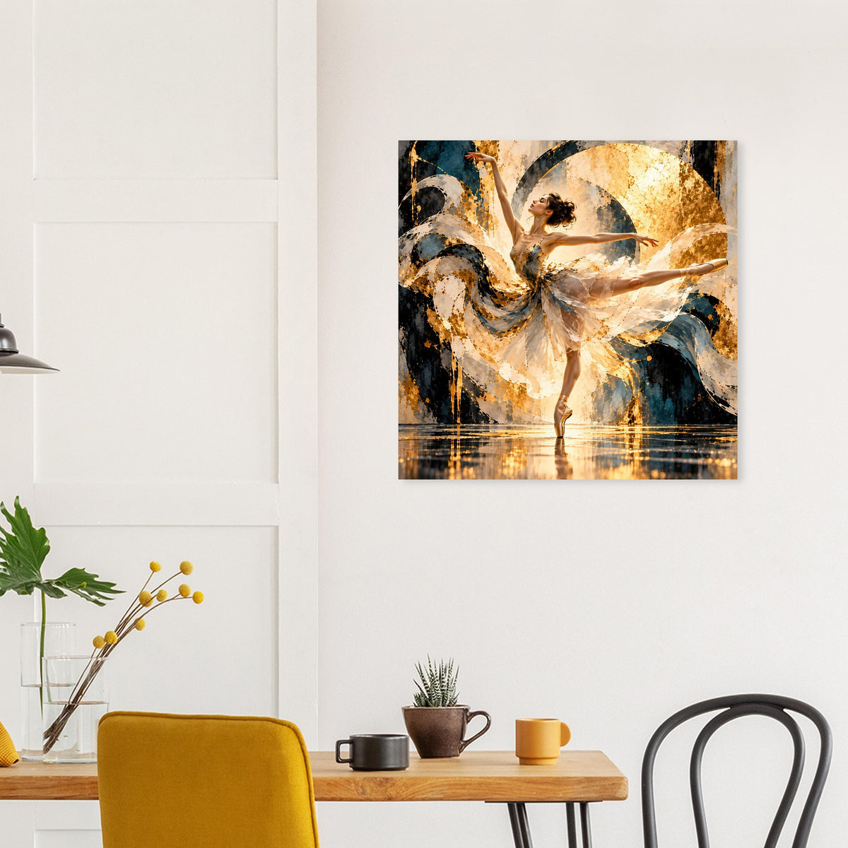 Ballett-Tanzkunstposter mit Ballerina im abstrakten Design, goldene Partien und dunkle Flächen