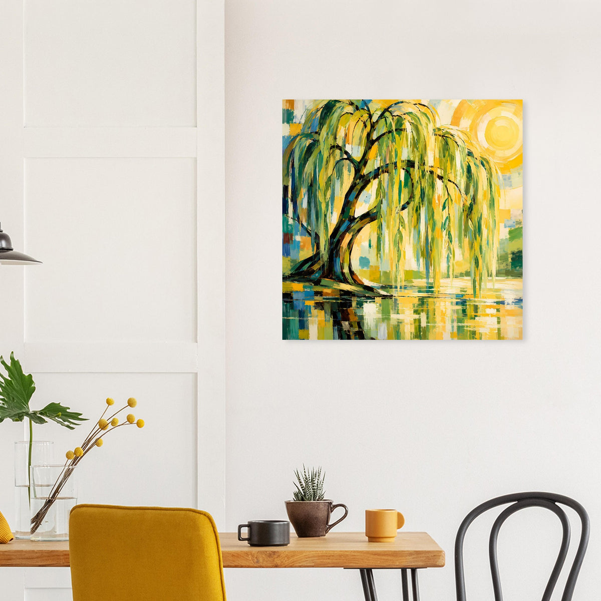Wandposter mit Weidenbaum-Motiv, gemalte Wasserfläche mit Reflexen, grün-gelb, quadratisch