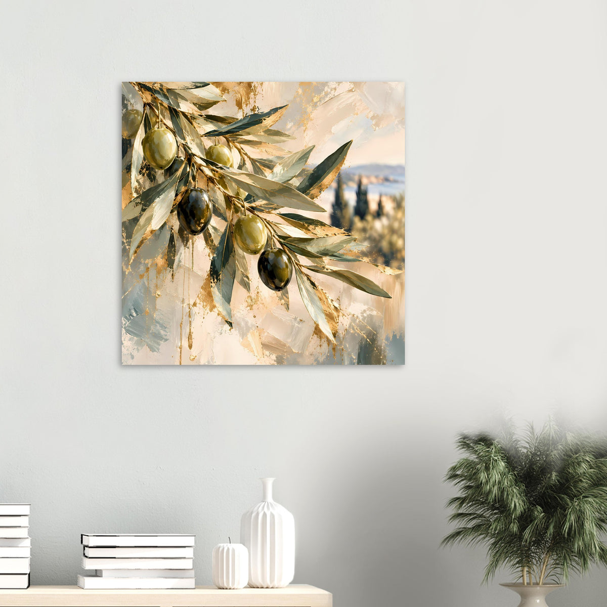 Kleines Olivenzweig-Kunstposter mit Oliven und Blättern in Gold- und Grüntönen