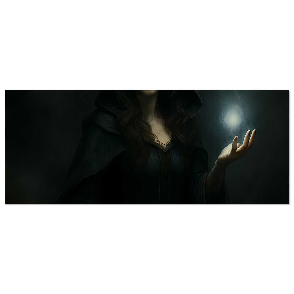 Dunkle Fantasy-Kunstprint (Querformat): Kapuzenträgerin, hält leuchtende Kugel in Hand