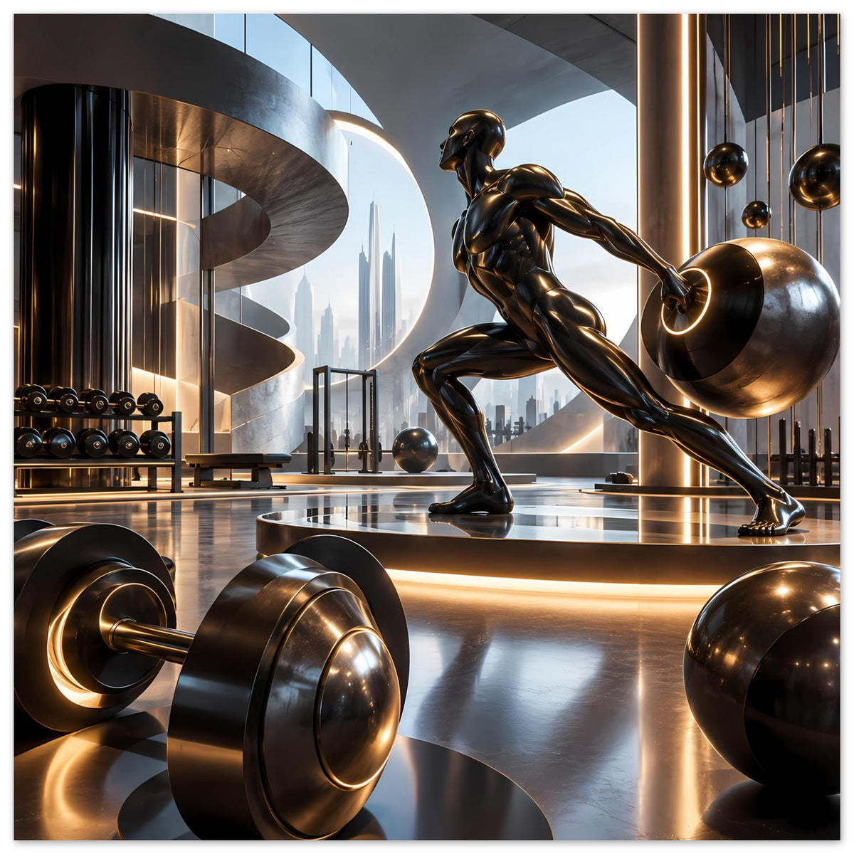 Fitnessposter mit trainierender Bronzefigur, Hantelstange und Hantelscheiben im Bild