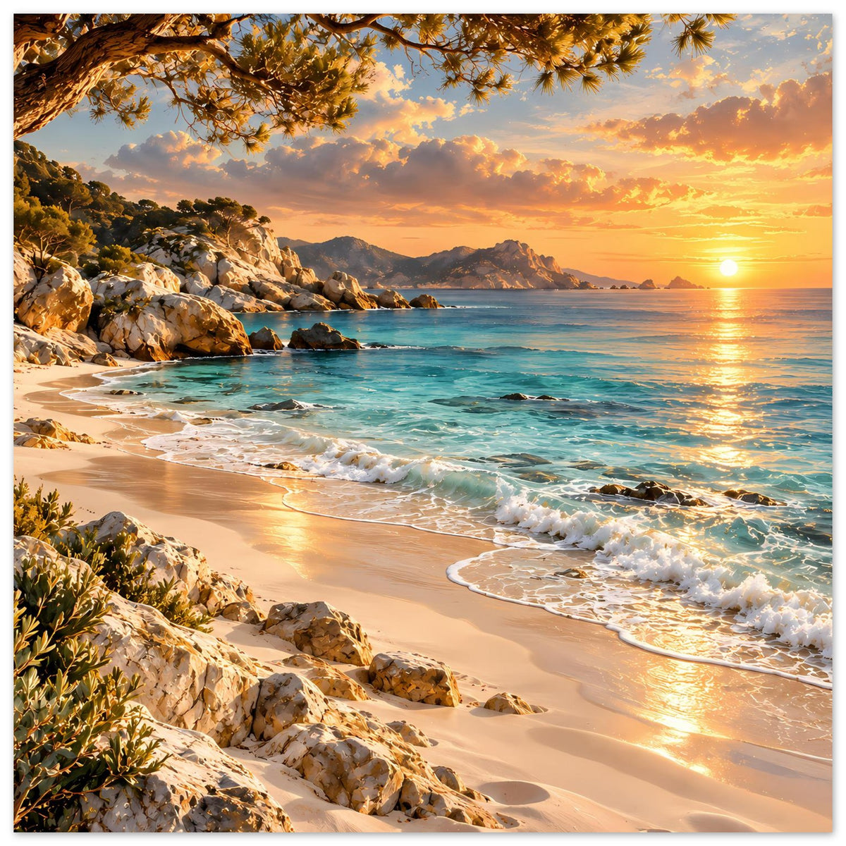 Strand-Poster im Hochformat: Küste mit Sand, schäumenden Wellen und tiefstehender Sonne
