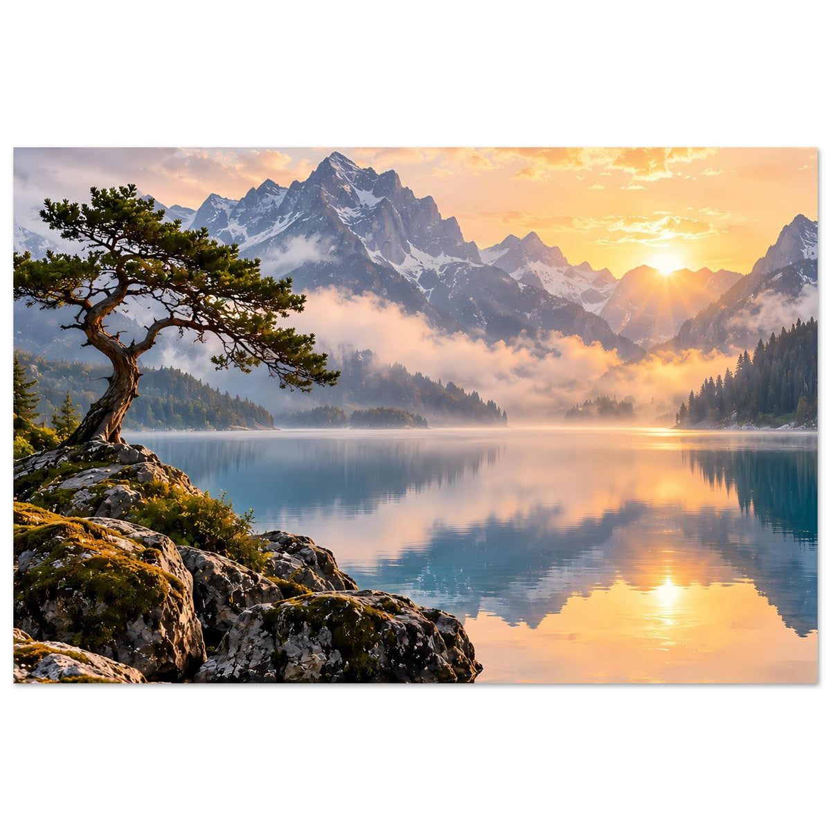 Horizontales Poster mit Bergsee-Sonnenaufgang, Reflexion im Wasser und Baum
