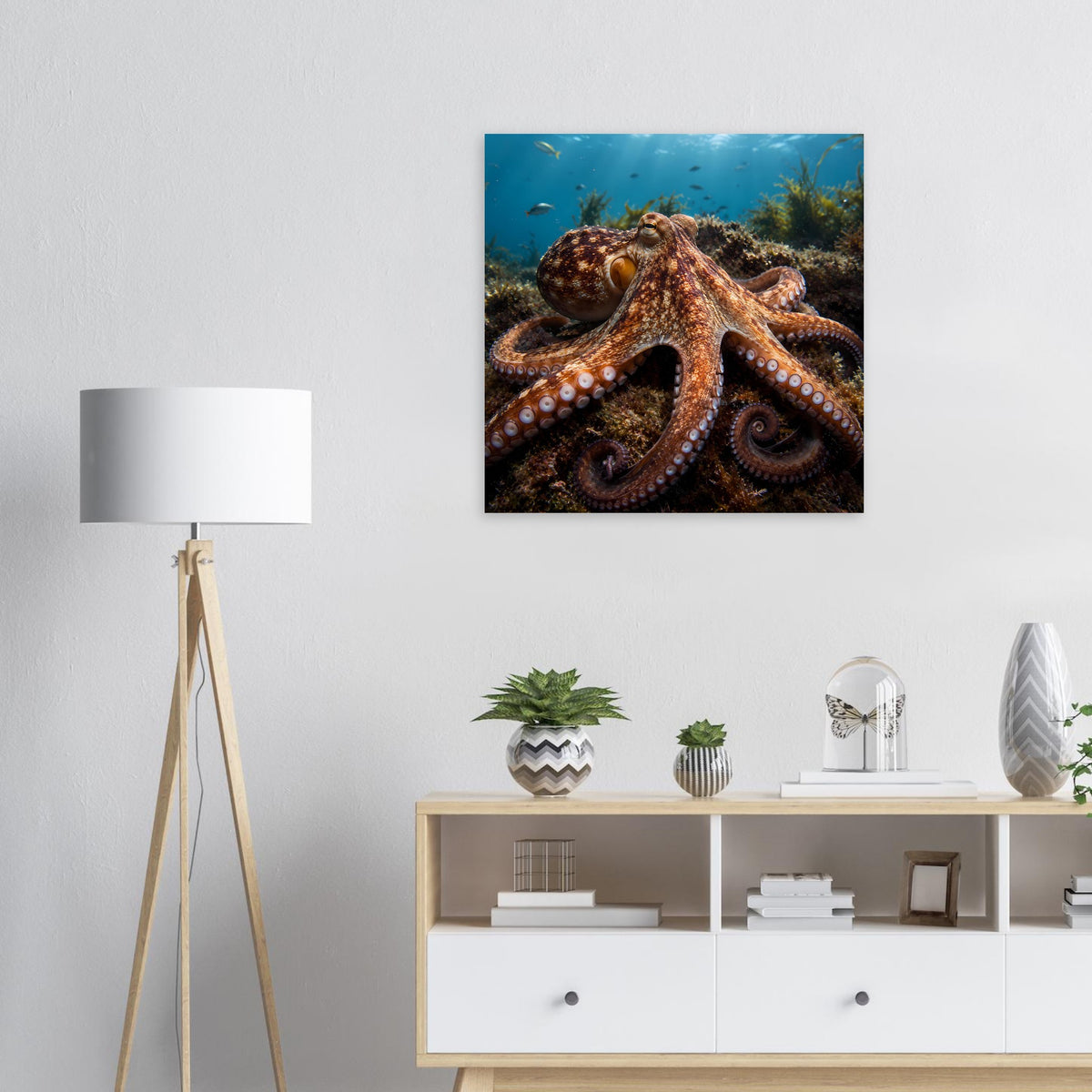 Oktopus-Unterwasserposter mit braunem Oktopus vor blauem Wassergrund