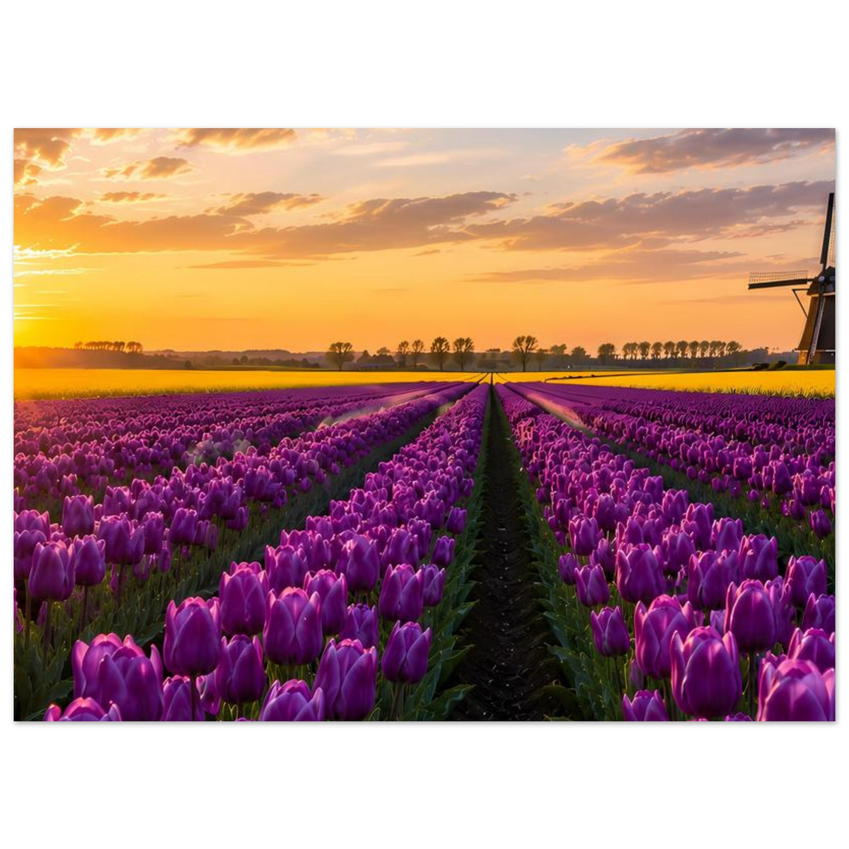 Hochkantiges Poster mit Tulpenfeld und Windmühle am Rand bei Sonnenuntergang