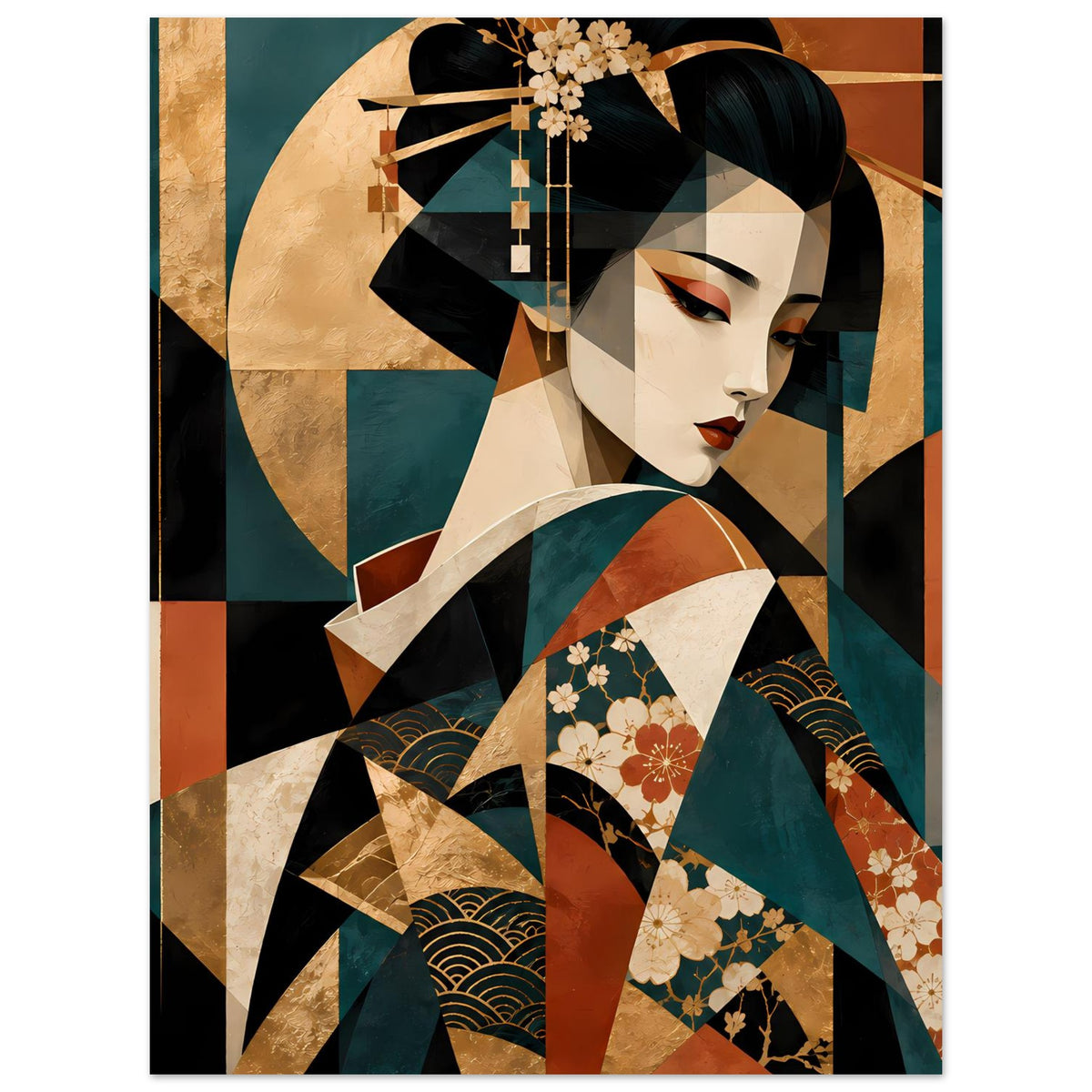 Geisha-Kunstposter mit dargestellter Geisha im Kimono, Gold-, Türkis- und Rottönen
