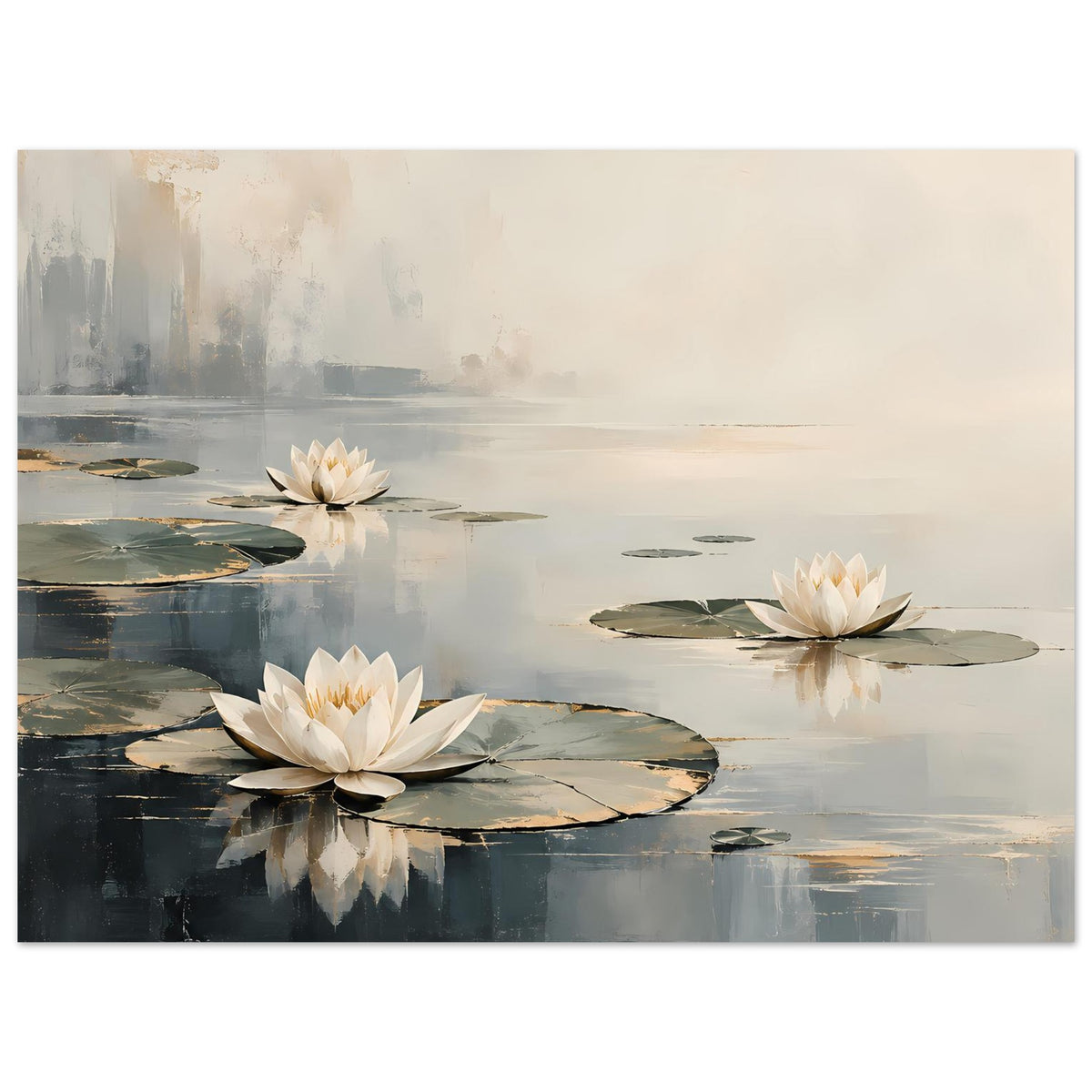 Poster mit drei weißen Seerosen, Spiegelbild im Wasser und sanften Graubeigetönen