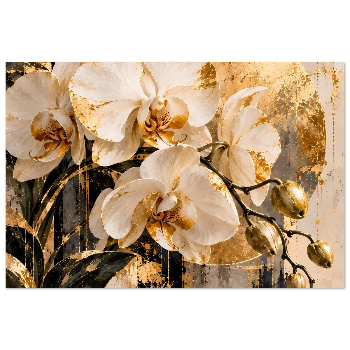 Blumenposter im Querformat mit großen weißen Orchideen und goldenen Akzenten, dekorative Stiele.