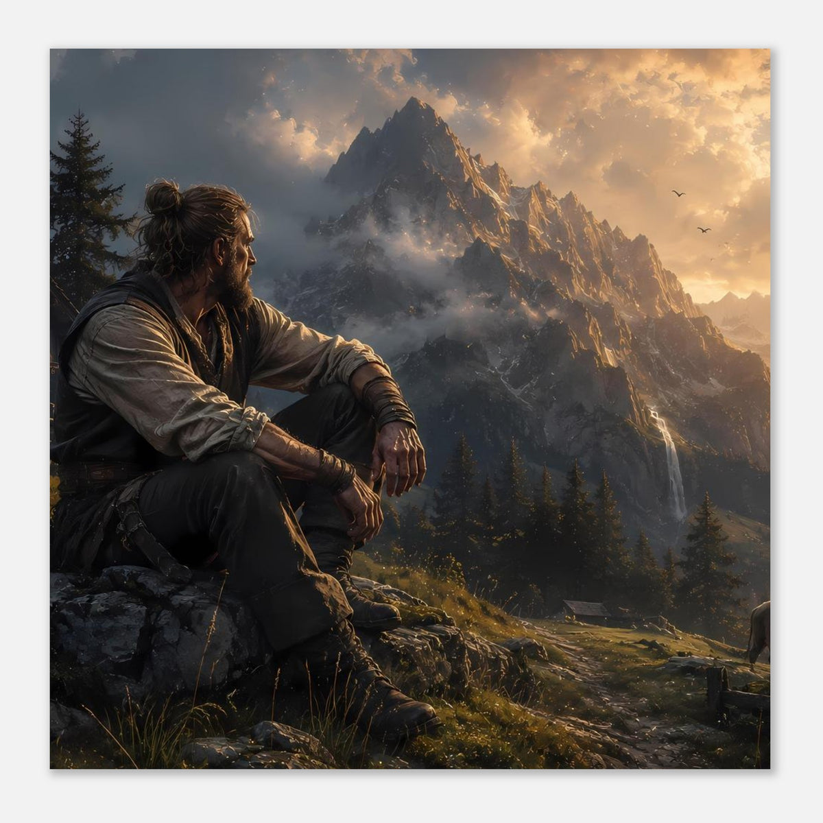 Vertikales Poster: sitzender Mann in den Bergen, Berggipfel und sanfter Nebel