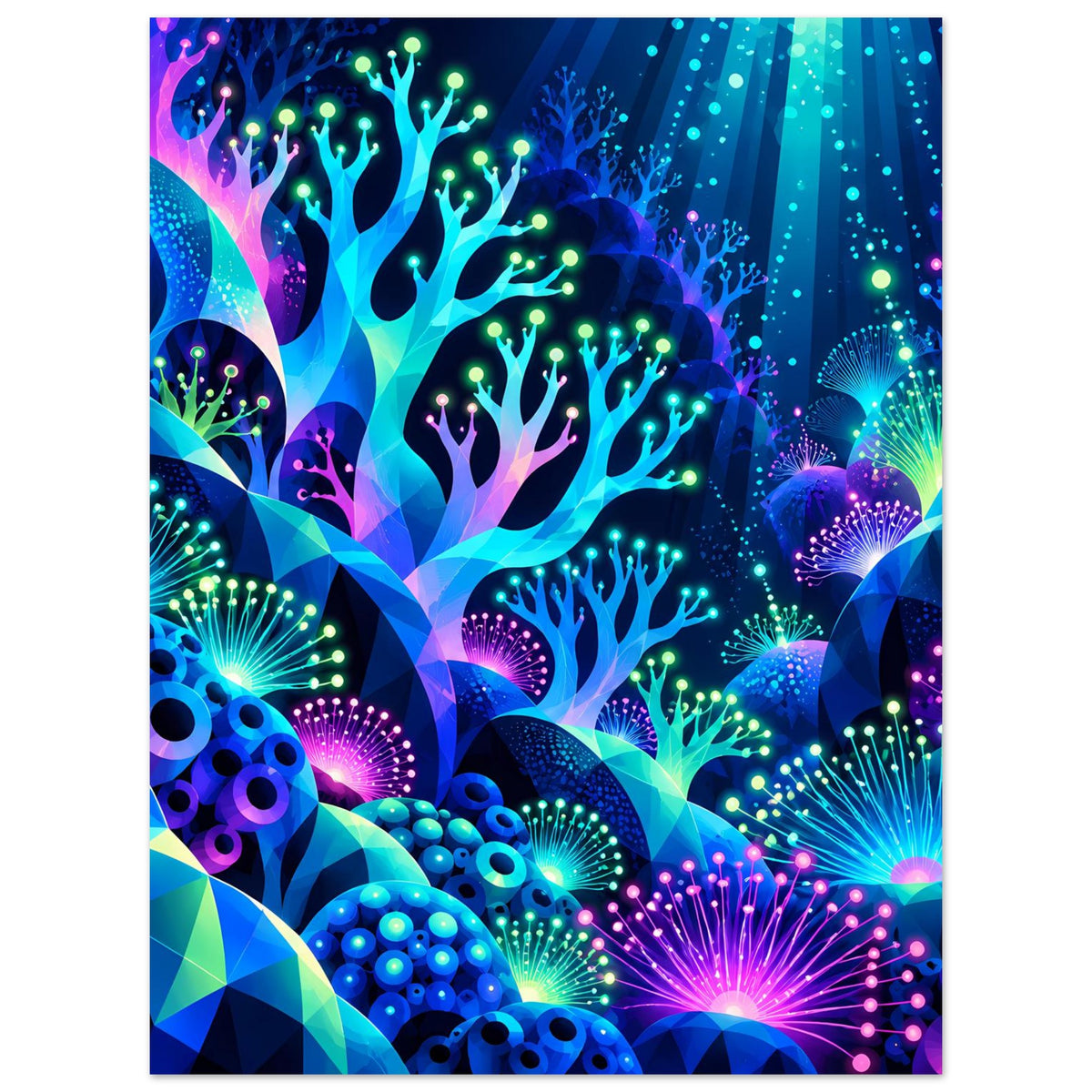 Unterwasser-Poster im Hochformat: leuchtende Korallen, Pflanzen und Blasen in Neonfarben
