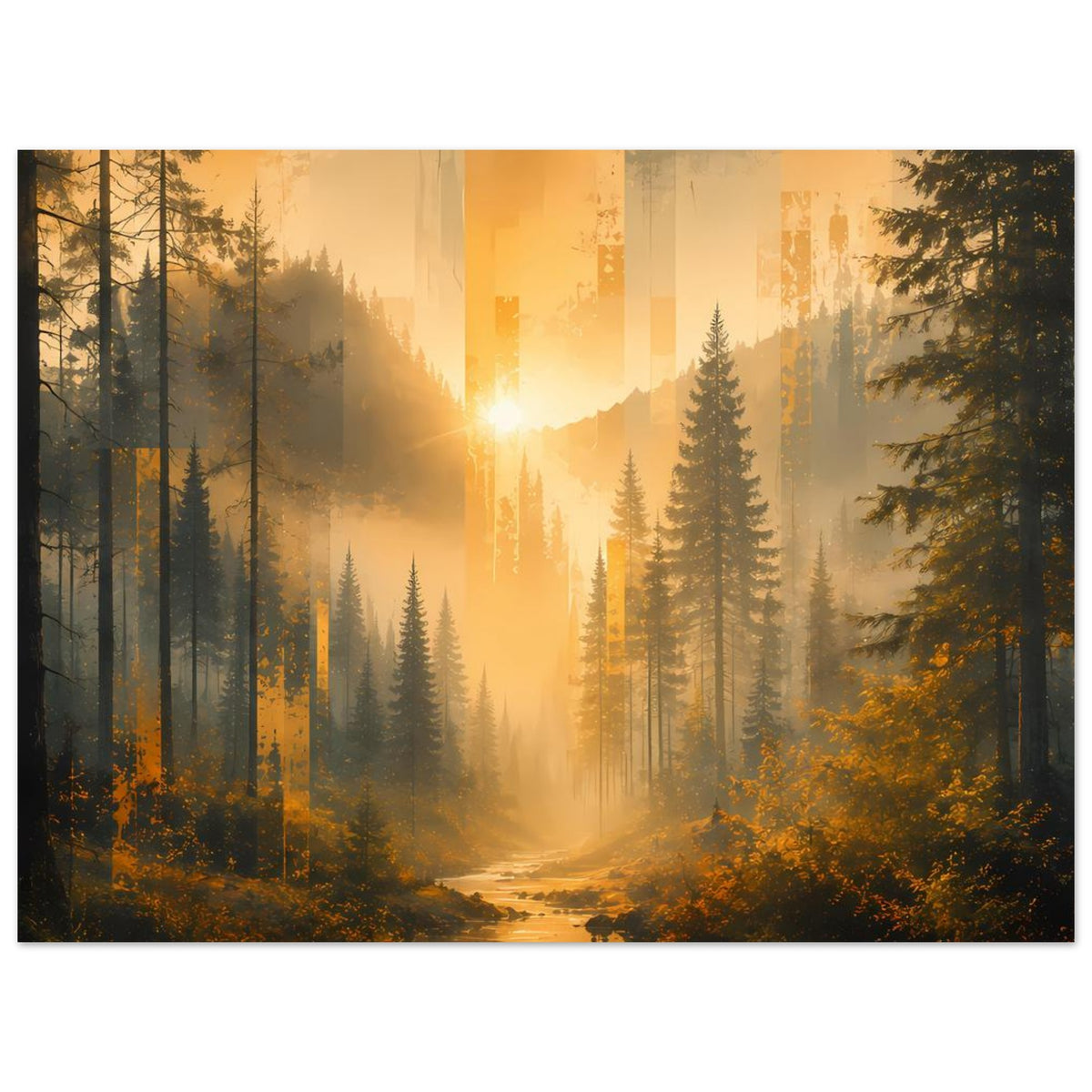 Wald-Poster im Querformat: Sonnenstrahlen im Nebel über einem Fluss im Hintergrund
